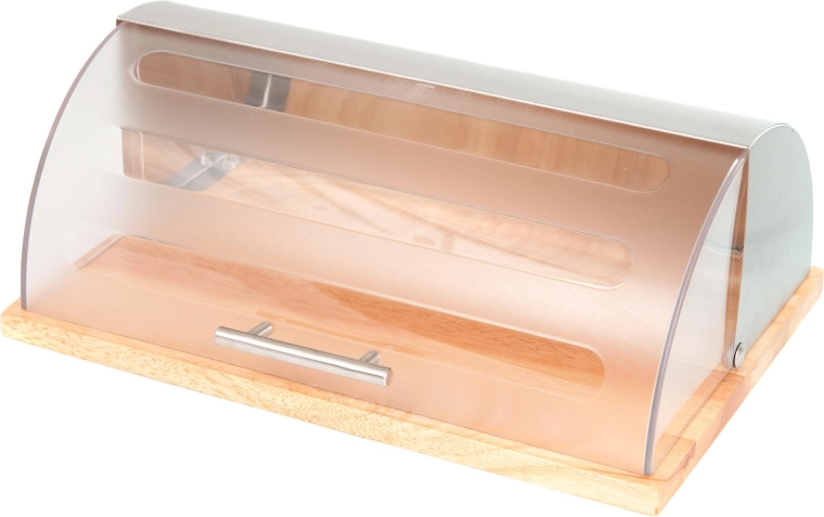 Chlebak GRANDE z drewnianą podstawą i pokrywą ze stali nierdzewnej, 39 × 28,5 × 15 cm