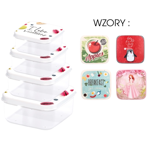 Zestaw 4 kwadratowych pojemników na żywność z kolorowymi pokrywkami dla dzieci