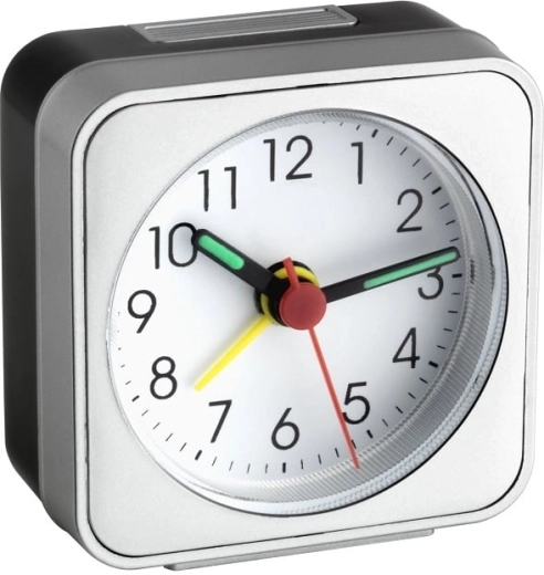 Elektroniczny budzik TFA z luminescencyjnymi wskazówkami, biało‑srebrny