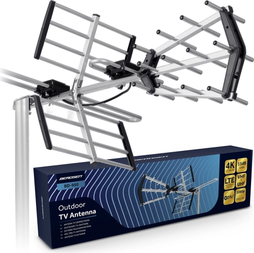 Zewnętrzna kierunkowa antena TV BERDSEN do DVB-T/T2, 4K Ultra HD, VHF/UHF, filtr LTE, zasięg 80 km