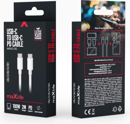 Maxlife kabel USB‑C na USB‑C 2 m 100 W biały