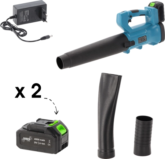 Akumulatorowa dmuchawa ogrodowa 21 V z 2× akumulatorami 4Ah i ładowarką
