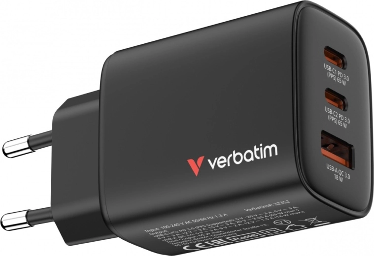 Verbatim Essentials GaN ładowarka sieciowa 65 W (2× USB-C, 1× USB-A, PD 3.0/QC 3.0) – EU