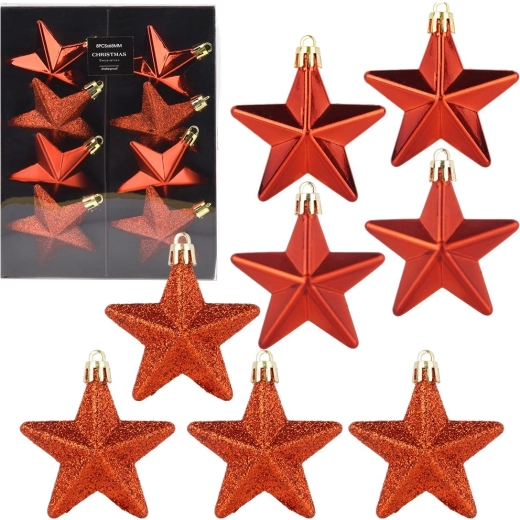 Nietłukące bombki świąteczne gwiazdki czerwone 6,5 cm, 8 szt.