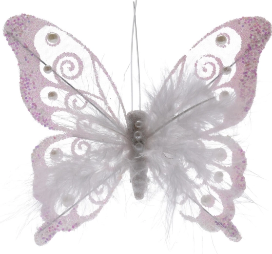 Dekoracyjny motyl z piórek na klipsie, biały, 15,5 cm (2 szt.)