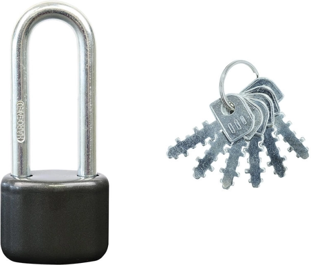 Kłódka z wydłużonym pałąkiem, stalowa, 6 kluczy