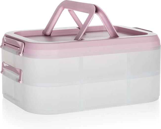 Plastikowy party box z dwoma poziomami i uchwytami 40 × 28 × 17,8 cm, transparentny/różowy