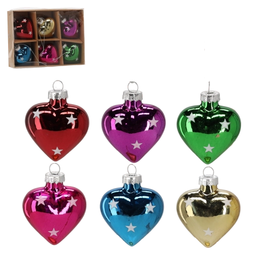 Zestaw szklanych świątecznych ozdób serca, 6 szt.