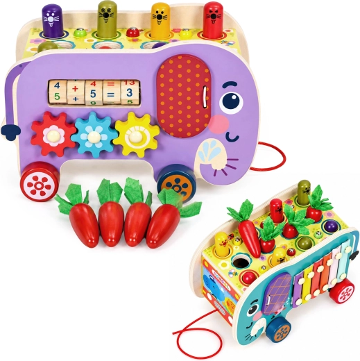 Drewniany wielofunkcyjny słonik do ciągnięcia ECOTOYS 8 w 1