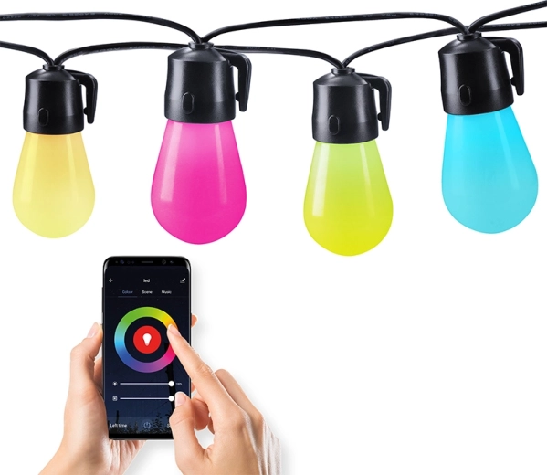 Solight inteligentny zewnętrzny łańcuch świetlny LED RGB, 15 żarówek, Bluetooth, 20 m