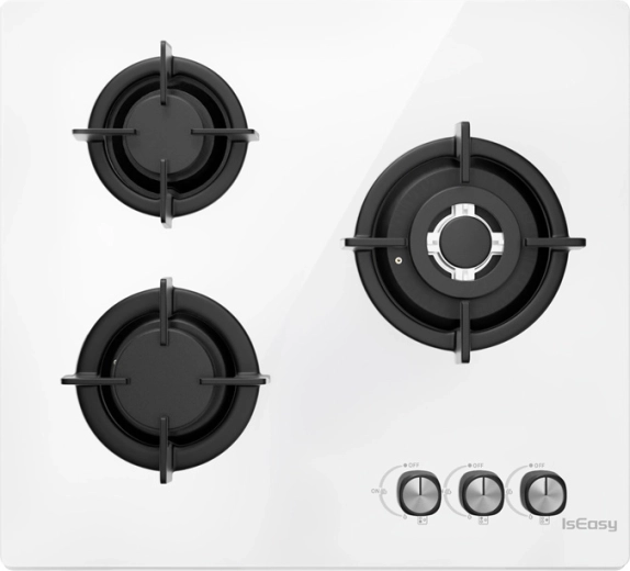 Gazowa płyta grzewcza ISEASY ze szklanym panelem, 3 palniki, biała