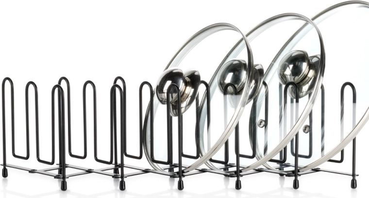 Rozkładany metalowy stojak na pokrywki i talerze, czarny, 8–74 cm