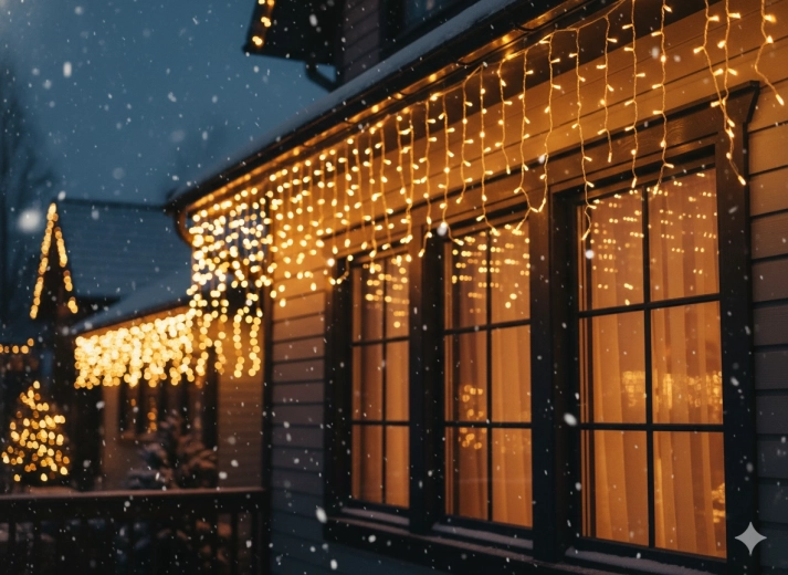 Kurtyna świetlna LED – sople 300 LED, ciepła biel z zimnym miganiem (flash), 12 m