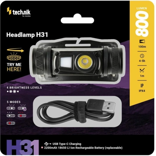 Technik MT-H31 latarka czołowa z diodą OSRAM P9, czerwonym światłem i USB-C (800 lm)