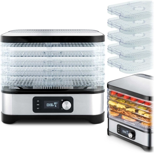 Suszarka do żywności Berdsen srebrna, 10 l, 5 tac, 35–70 °C