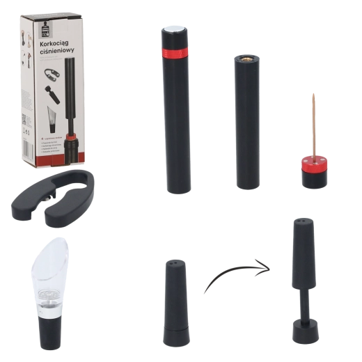 Zestaw 4 akcesoriów do wina z korkociągiem ciśnieniowym