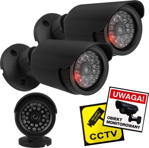 Zestaw dwóch atrap kamer tubowych z migającą diodą LED, czarne ABS, IP44