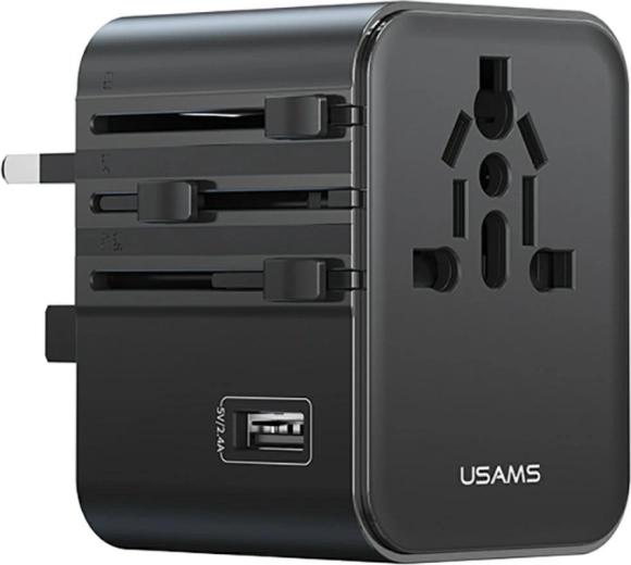 USAMS podróżny uniwersalny adapter i ładowarka 17 W (2× USB‑C + USB‑A) 4w1 US/AU/EU/UK, czarna