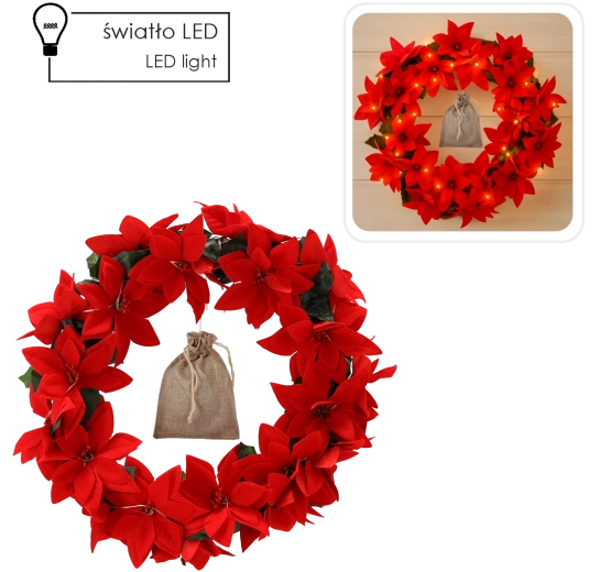 Świąteczny wieniec Gwiazda betlejemska 40 cm z LED