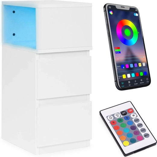 Stolik nocny z podświetleniem LED, 2 szuflady, biały, ModernHome