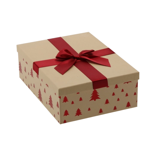 Świąteczne pudełko prezentowe brązowe z bordową kokardą 28,5 × 20 × 8,5 cm