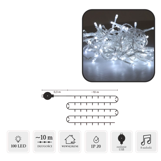 LED świąteczny łańcuch z melodią USB, 100 LED, zimna biel, 10 m