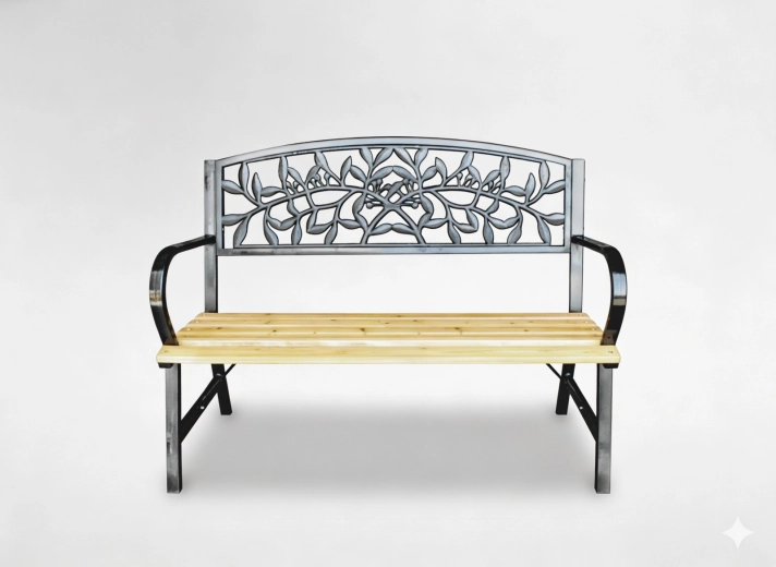 Ławka ogrodowa 120 × 56 × 89 cm, drewno i stal, motyw liści