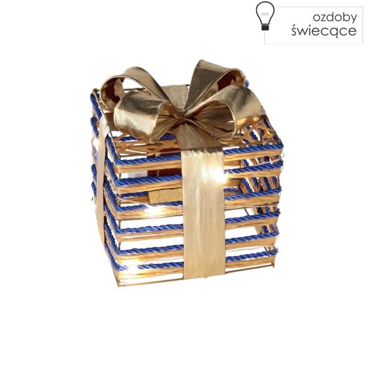 Świąteczny świecący prezent z niebieską kokardą 15 cm