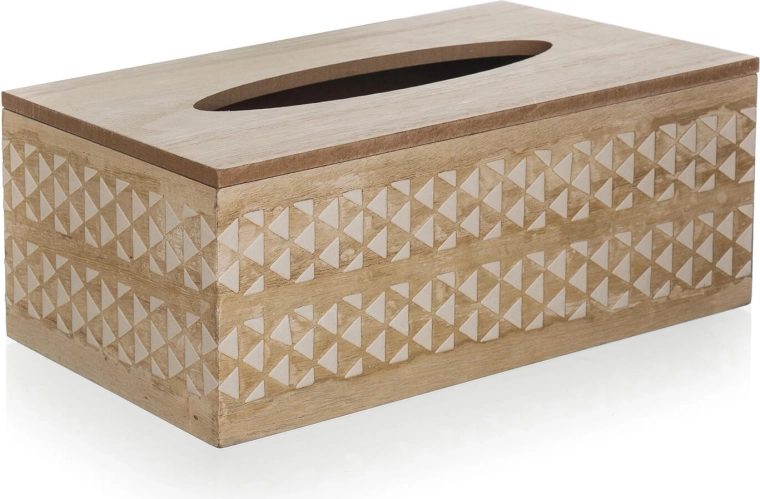 Drewniane pudełko na chusteczki papierowe z białym ornamentem 24 × 13 × 9,5 cm
