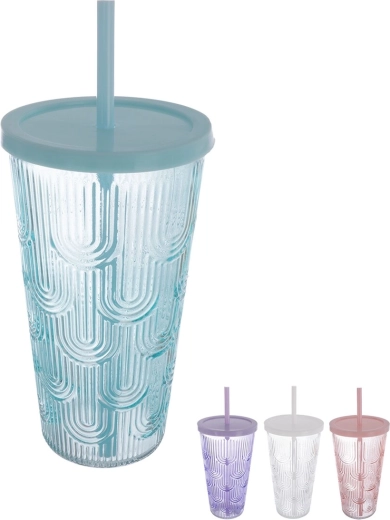 Szklanka z plastikową pokrywką i słomką 0,48 l – mix kolorów