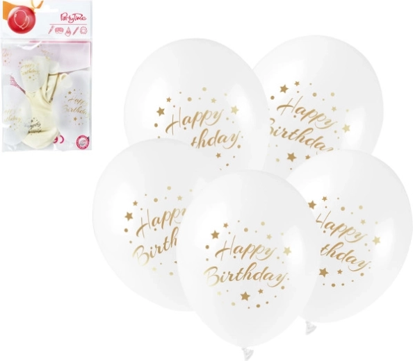 Lateksowe balony Happy Birthday ze złotym nadrukiem 28 cm, 5 szt.