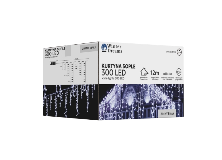 Kurtyna świetlna LED z soplami 300 LED, zimna biel, 12 m