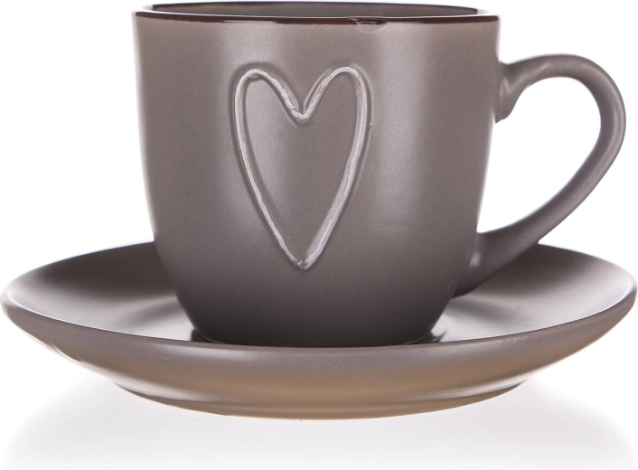Filiżanka ze spodkiem HEART 260 ml brązowa, ceramiczna