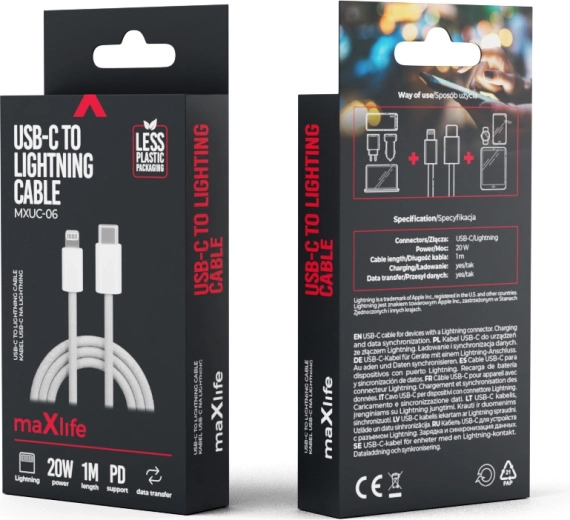 Maxlife nylonowy kabel USB‑C – Lightning 1 m, 20 W, szary