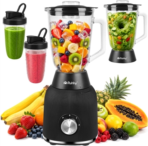 Blender kielichowy ze szklanym dzbanem Ruhhy 1200 W z kruszeniem lodu i 2 przenośnymi butelkami