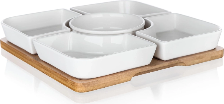 Zestaw do serwowania z porcelany i bambusa BRILLANTE, 6‑częściowy