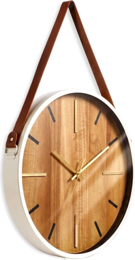 Zegar ścienny z brązowym paskiem do zawieszenia, 38 cm