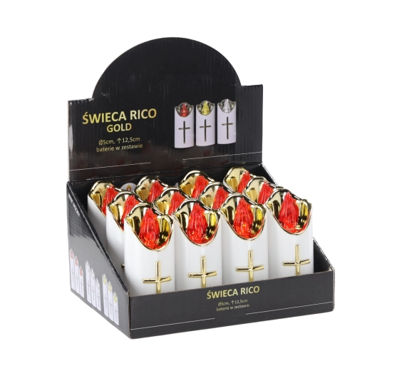Świeca LED Rico 12,5 cm biała i złota z czerwonym płomieniem