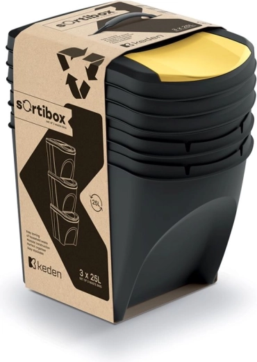 Zestaw koszy do segregacji Prosperplast Sortibox 3×25 l, czarny z recyklingu