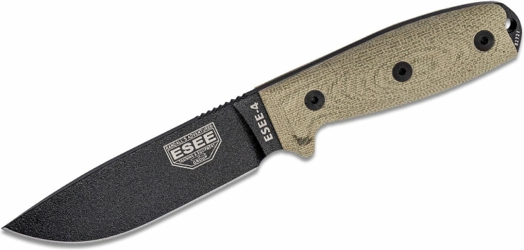ESEE Model 4 nóż survivalowy 11,4 cm, czarny, zielona Micarta, plastikowa pochwa