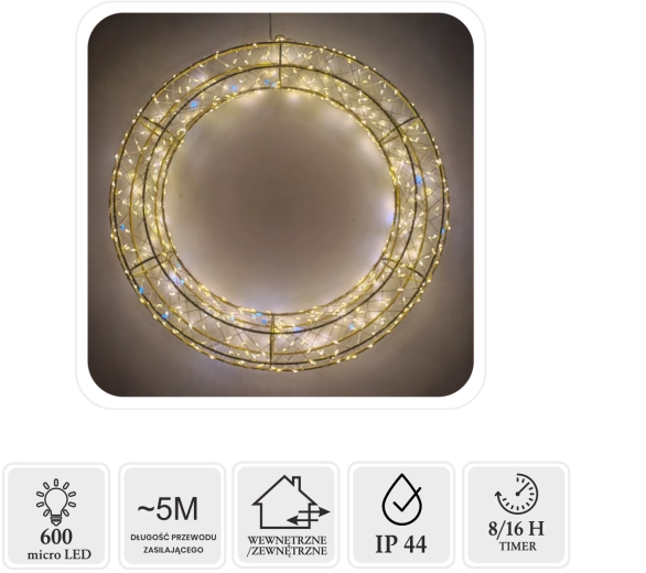 Bożonarodzeniowy wieniec LED 40 cm, 600 micro LED, ciepła biel z zimnym miganiem, do użytku wewnętrznego i zewnętrznego - 1 sztuka
