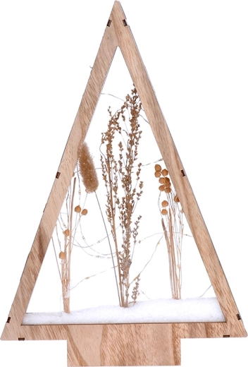 Solight LED drewniana świąteczna dekoracja – choinka z ośnieżonymi zimowymi kwiatami 37 cm – 1 sztuka