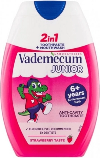Vademecum Junior 2w1 truskawkowa pasta do zębów dla dzieci i płyn do płukania ust 75 ml