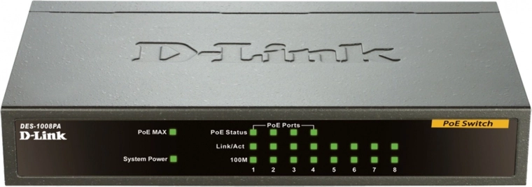 D-Link DES-1008PA, 8-portowy biurkowy przełącznik Fast Ethernet z PoE