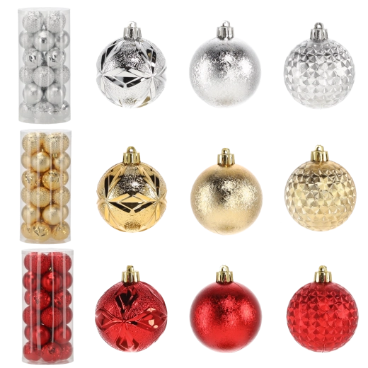 Zestaw 24 bombek choinkowych 6 cm – czerwone, złote i srebrne, nietłukące