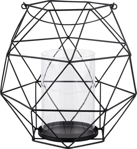Metalowy geometryczny świecznik z uchwytem i szklanym wkładem 22 × 22 × 22 cm, czarny