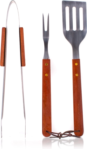 Zestaw narzędzi do grillowania ze stali nierdzewnej z drewnianymi uchwytami, 3-częściowy