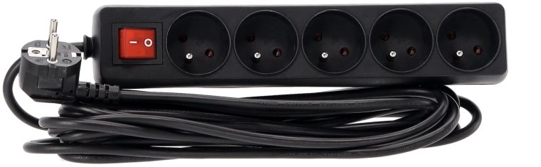 Przedłużacz przeciwprzepięciowy z wyłącznikiem, 5 gniazd, 5 m, czarny