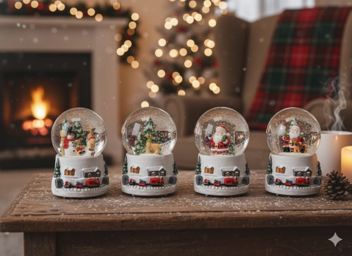 Świąteczna kula śnieżna – sanie MIKOŁAJA, biała, mix motywów 4,5 × 4,5 × 6,5 cm