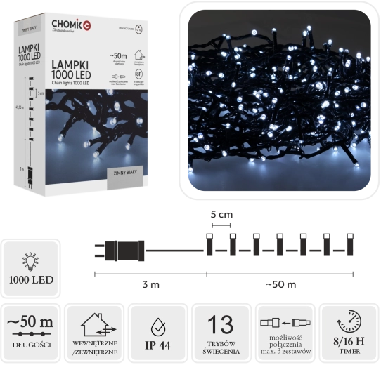 LED-owy świąteczny łańcuch świetlny 1000 LED, zimna biel, 53 m (50 m + 3 m)